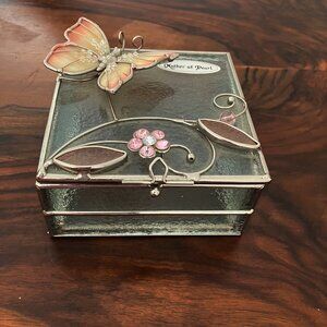 small, glass,  jewelry box decorated with mother of pearl butterfly and flowers,